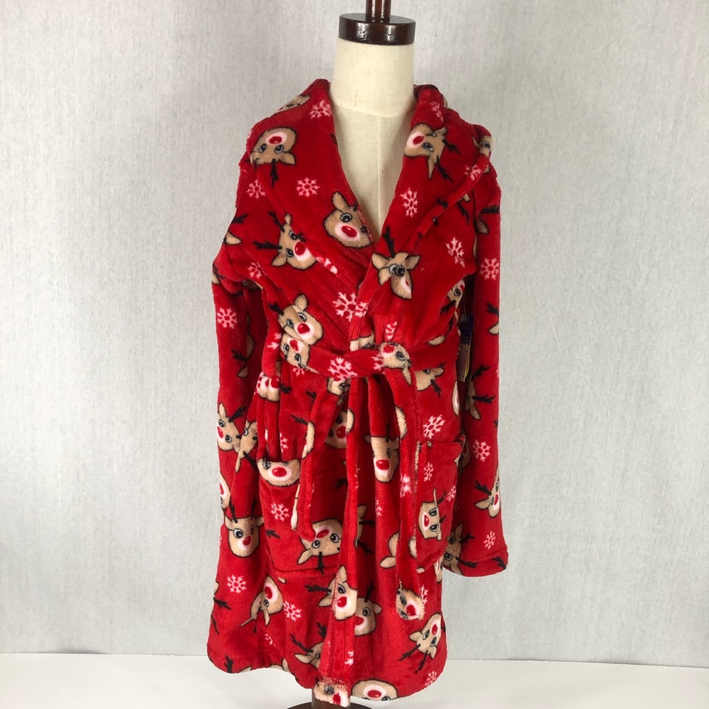Lightning Bug 🐛 Girls Red Nose Reindeer Robe - Picture 2 of 15